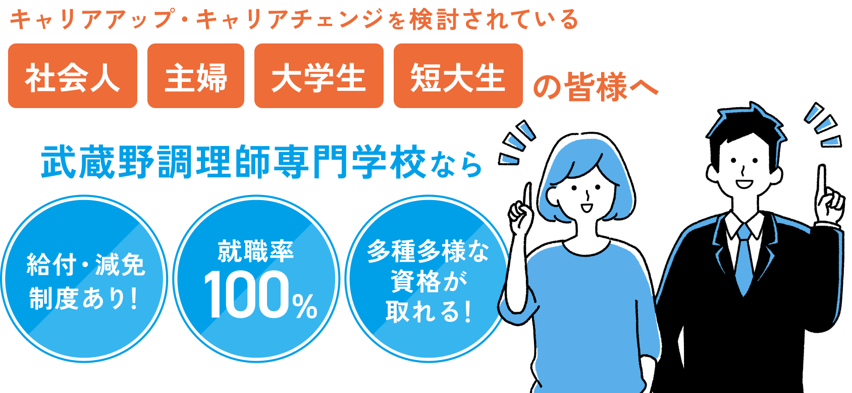 キャリアアップ・キャリアチェンジを検討されている社会人・主婦・大学生・短大生の皆様へ 武蔵野調理師専門学校なら給付・減免制度あり！ 就職率100% 多種多様な資格も取れる！