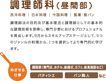 調理師科(昼間部)　調理師法の目的及び基本理念と調理師としての基本的な調理技術を習得し、専門分野におけるプロフェショナルを育成します。9月からスキルアップステージとして、5つのジャンルの料理から、1つを選択してより専門的に学びます。 めざせる仕事：調理師（専門店、ホテル、結婚式、カフェ、給食施設など）パティシエ パン職人 など